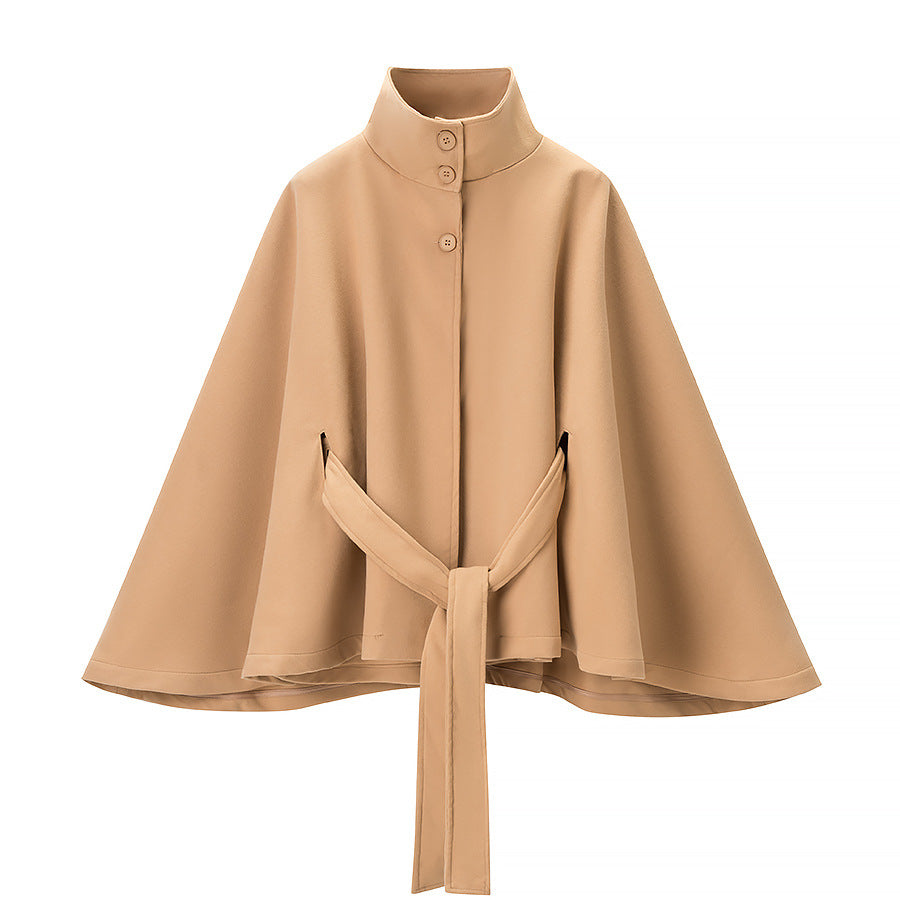 Women's Short Cape Coat with Stand-Up Collar, Concealed Button Placket and Tie Belt Fashion Glam