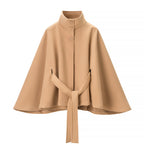 Women's Short Cape Coat with Stand-Up Collar, Concealed Button Placket and Tie Belt Fashion Glam