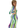 Ladies Fitted Maxi Dress with Long Sleeves and Abstract Stripe Pattern Fashion Glam