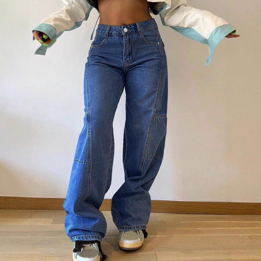 Women's High-Waist Wide Cargo Denim Pants with Seam Panels and Baggy Silhouette Fashion Glam