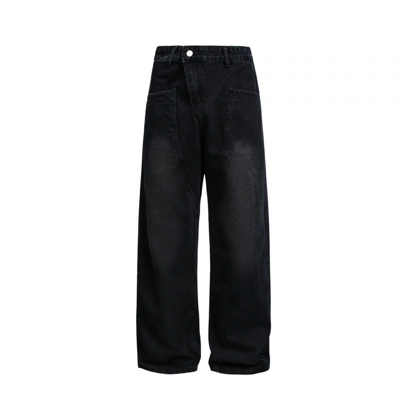 Women's Wide High-Waist Denim Pants with Curved Front Pockets Fashion Glam