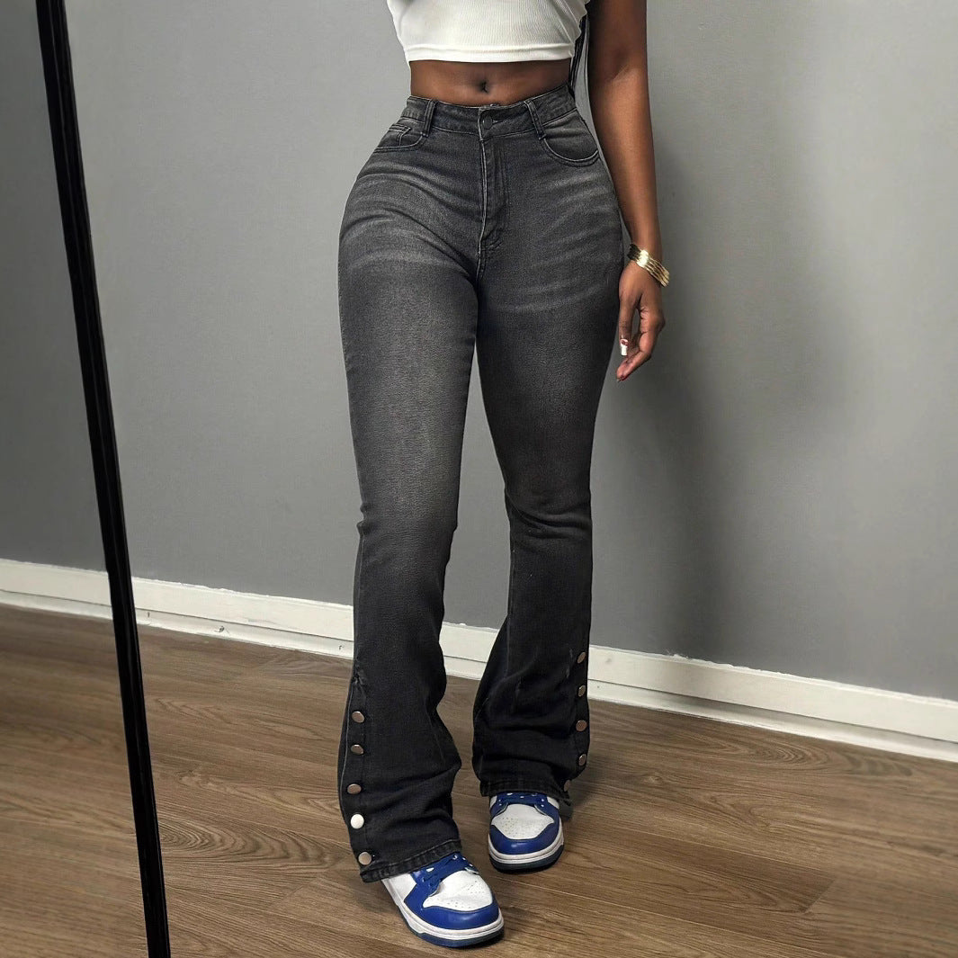 Women's high-waisted flared jeans with side button opening & sculpting fit Fashion Glam