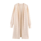 Women Longline Knit Cardigan with Pearl Trim and Ribbed Cuffs Fashion Glam