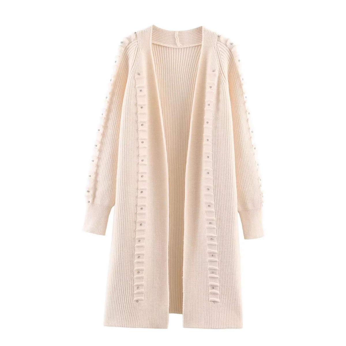 Women Longline Knit Cardigan with Pearl Trim and Ribbed Cuffs Fashion Glam