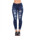 Women’s High-Waisted Superstretch Skinny Jeans with Strategic Rips and Cuff Hem Fashion Glam