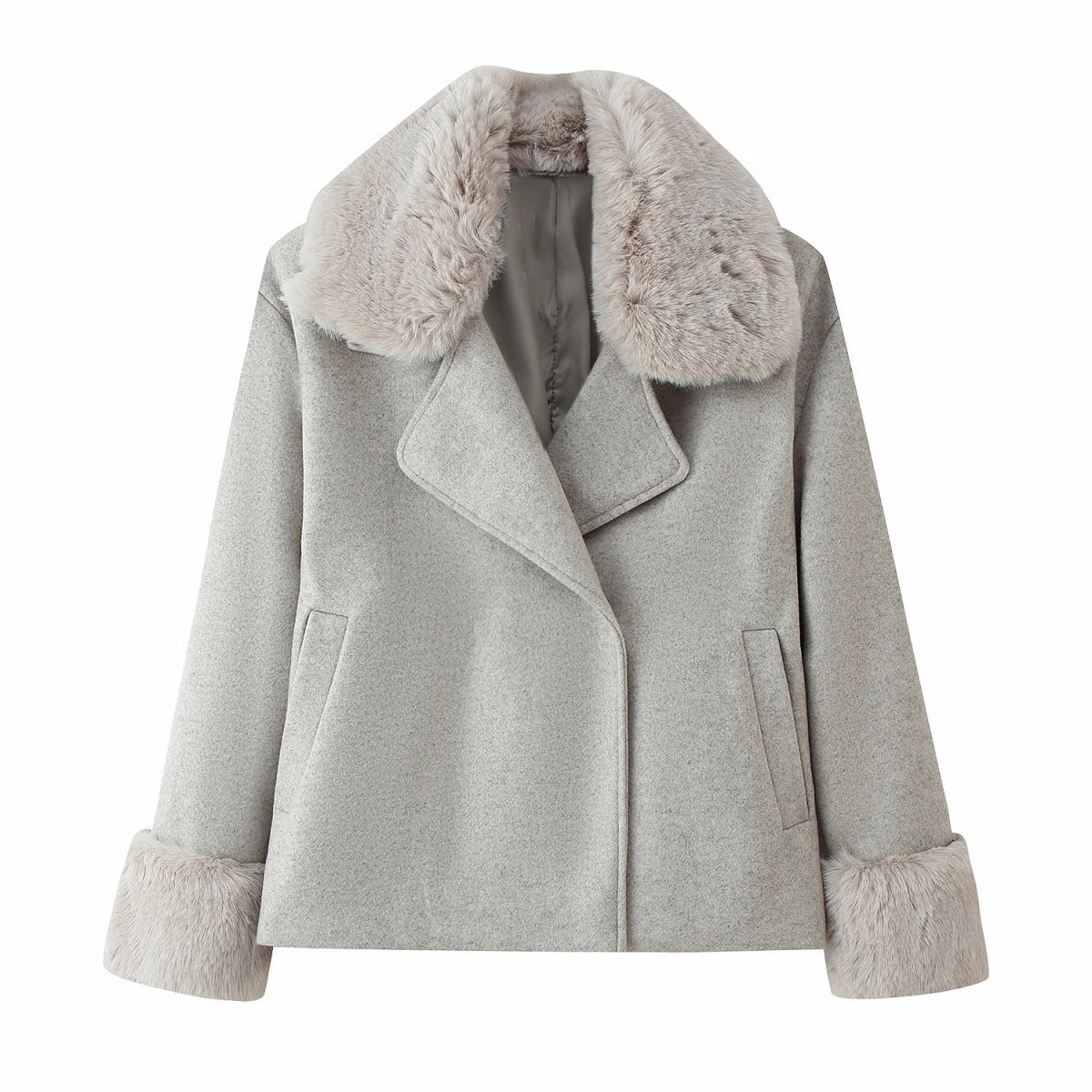 Women Short Wool Blend Coat with Removable Faux Fur Collar and Cuffs Fashion Glam
