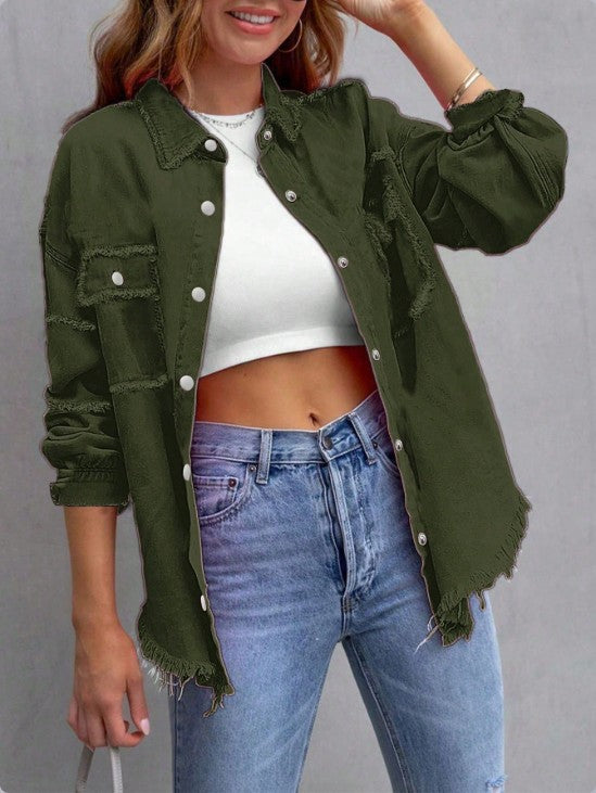 Women Casual Oversized Denim Shirt Jacket with Raw Hem and Patch Pockets Fashion Glam