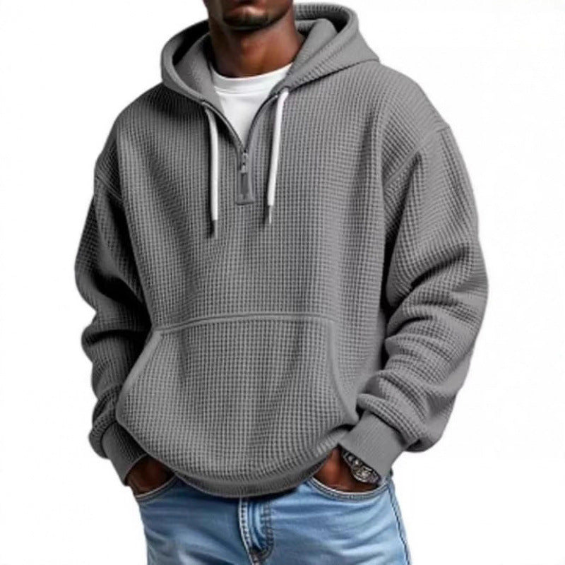 Men's waffle texture hoodie with half zipper and kangaroo pocket Fashion Glam