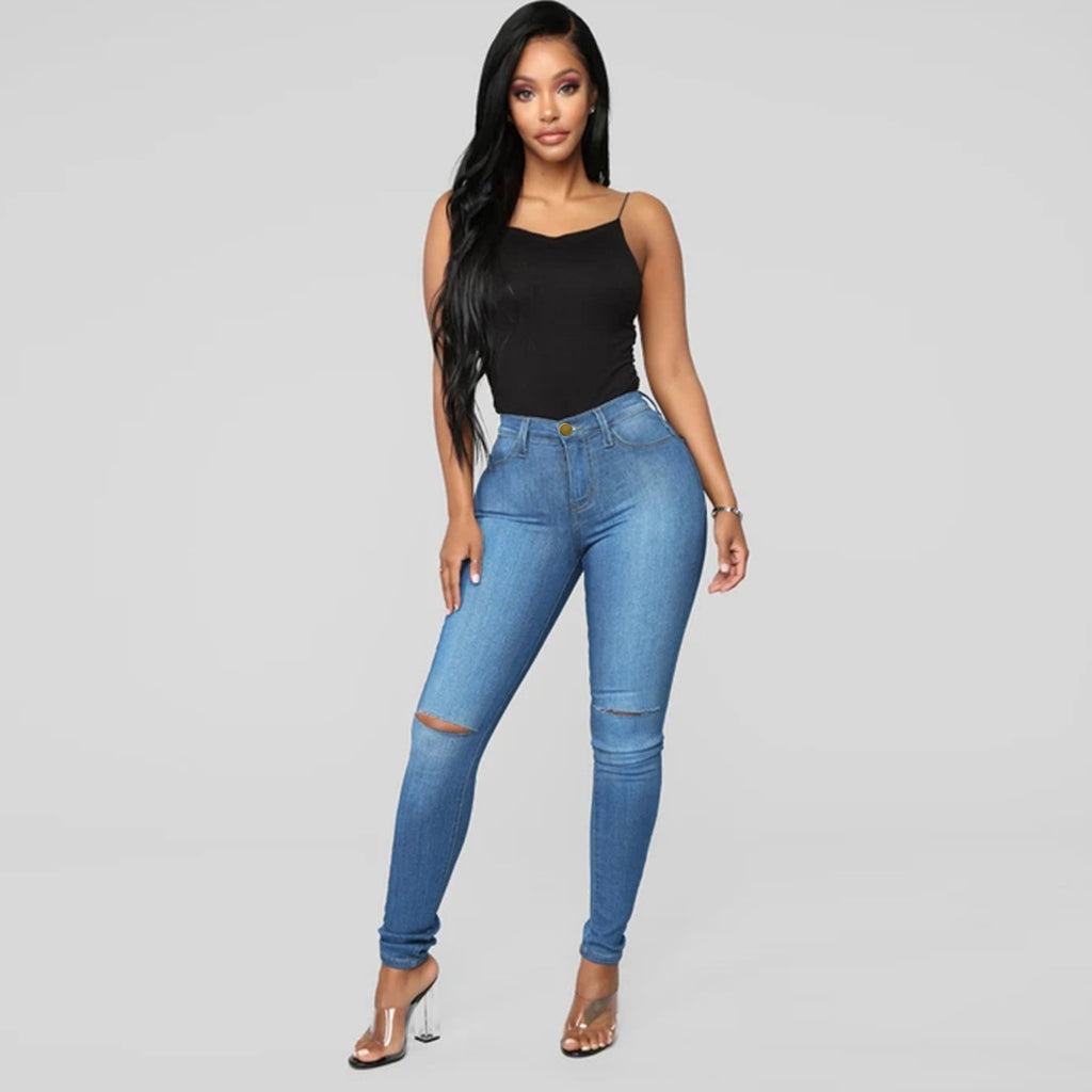 Women's High-Waist Skinny Jeans with Knee Rips and Figure-Flattering Cut Fashion Glam