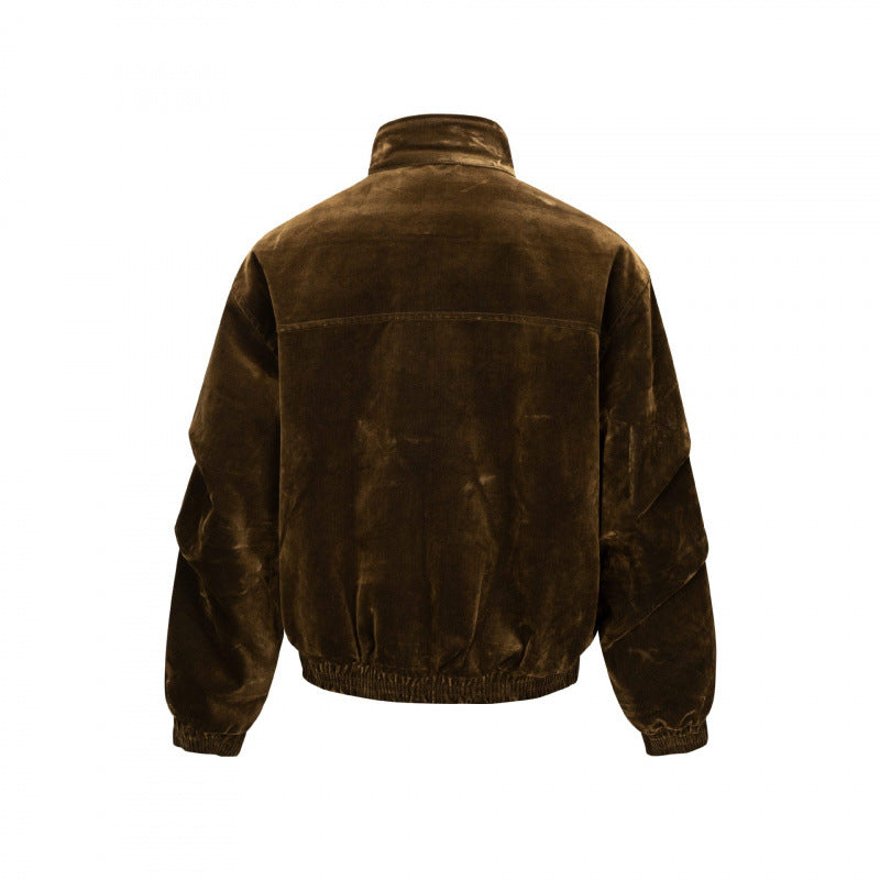 Men's velvet bomber jacket with stand collar, concealed snap button placket, and elastic hem Fashion Glam