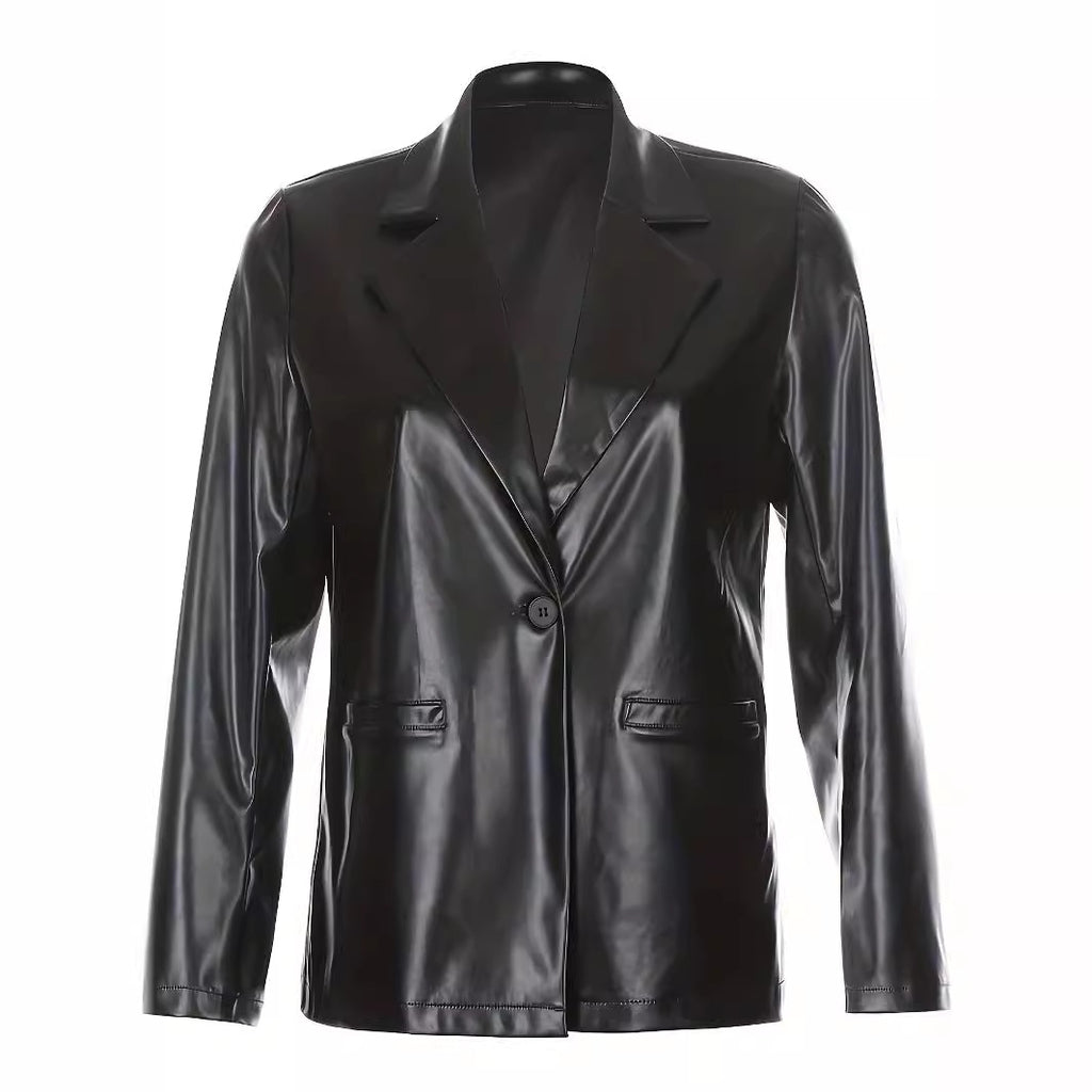 Women Oversized Blazer in Leather Look with Structured Shoulders Fashion Glam