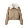 Women's Short Suede Look Bomber Jacket with Teddy Collar and Ribbed Cuffs Fashion Glam