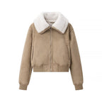 Women's Short Suede Look Bomber Jacket with Teddy Collar and Ribbed Cuffs Fashion Glam