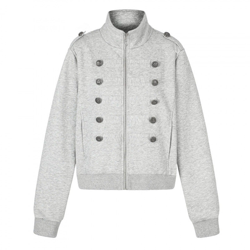 Unisex Sweat Jacket in Military Look with Double Button Placket Fashion Glam