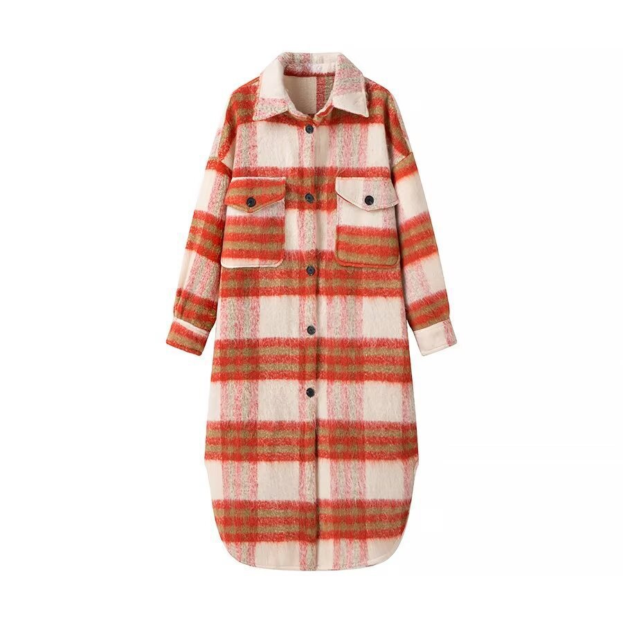 Women’s Oversize Checked Teddy Longline Shirt Coat with Applied Breast Pockets Fashion Glam