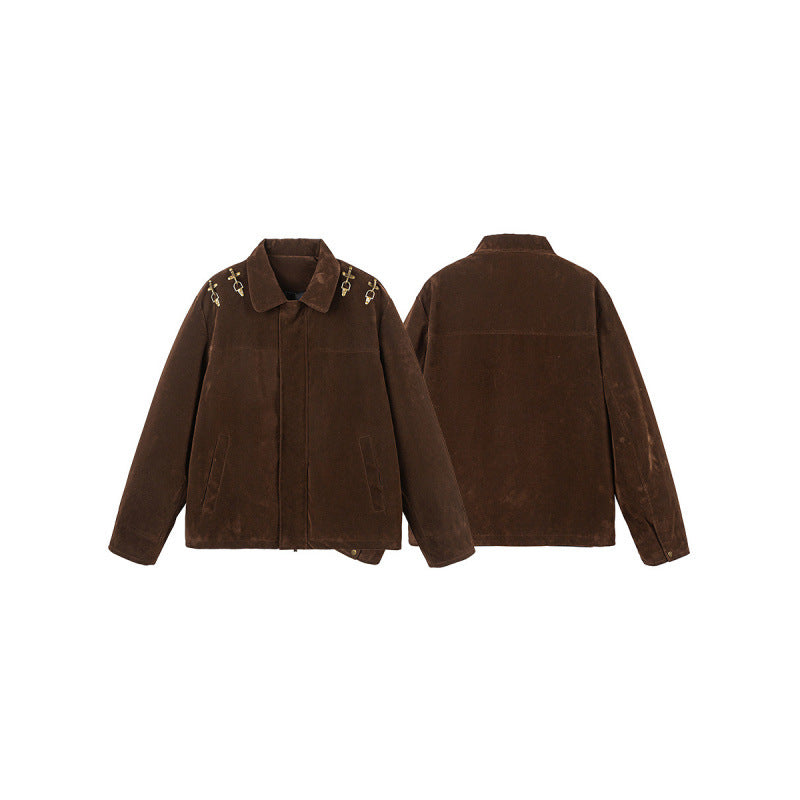 Men's short jacket made of suede look with decorative shoulder buckles and concealed zipper Fashion Glam