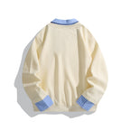Unisex Layered Look Sweatshirt with V-Neck, integrated Shirt Collar and Striped Cuffs Fashion Glam