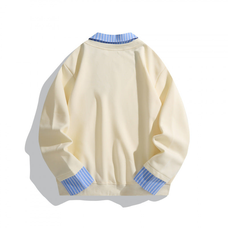 Unisex Layered Look Sweatshirt with V-Neck, integrated Shirt Collar and Striped Cuffs Fashion Glam