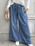 Women's Relaxed Palazzo Jeans with Drawstring Waist, Side Pockets and Extra Wide Leg Fashion Glam