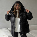 Women's quilted parka with shiny finish hood and adjustable drawstring Fashion Glam