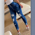 Women's High-Waisted Sculpting Skinny Jeans with Rips and Triple Button Fashion Glam