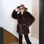Ladies short coat made of dense high-pile with leather tie belt and wide shawl collar Fashion Glam