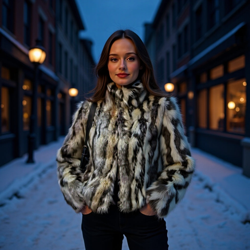 Women's short jacket in a faux fur mix with striped effect and stand-up collar Fashion Glam