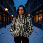 Women's short jacket in a faux fur mix with striped effect and stand-up collar Fashion Glam