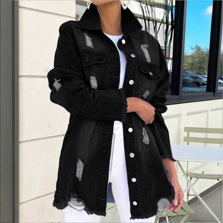 Ladies Longline Denim Jacket with Destroyed Details and Fringed Hem Fashion Glam