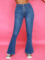 Women's High-Waisted Flared Jeans with Visible Button Placket and Sculpting Superstretch Comfort Fashion Glam