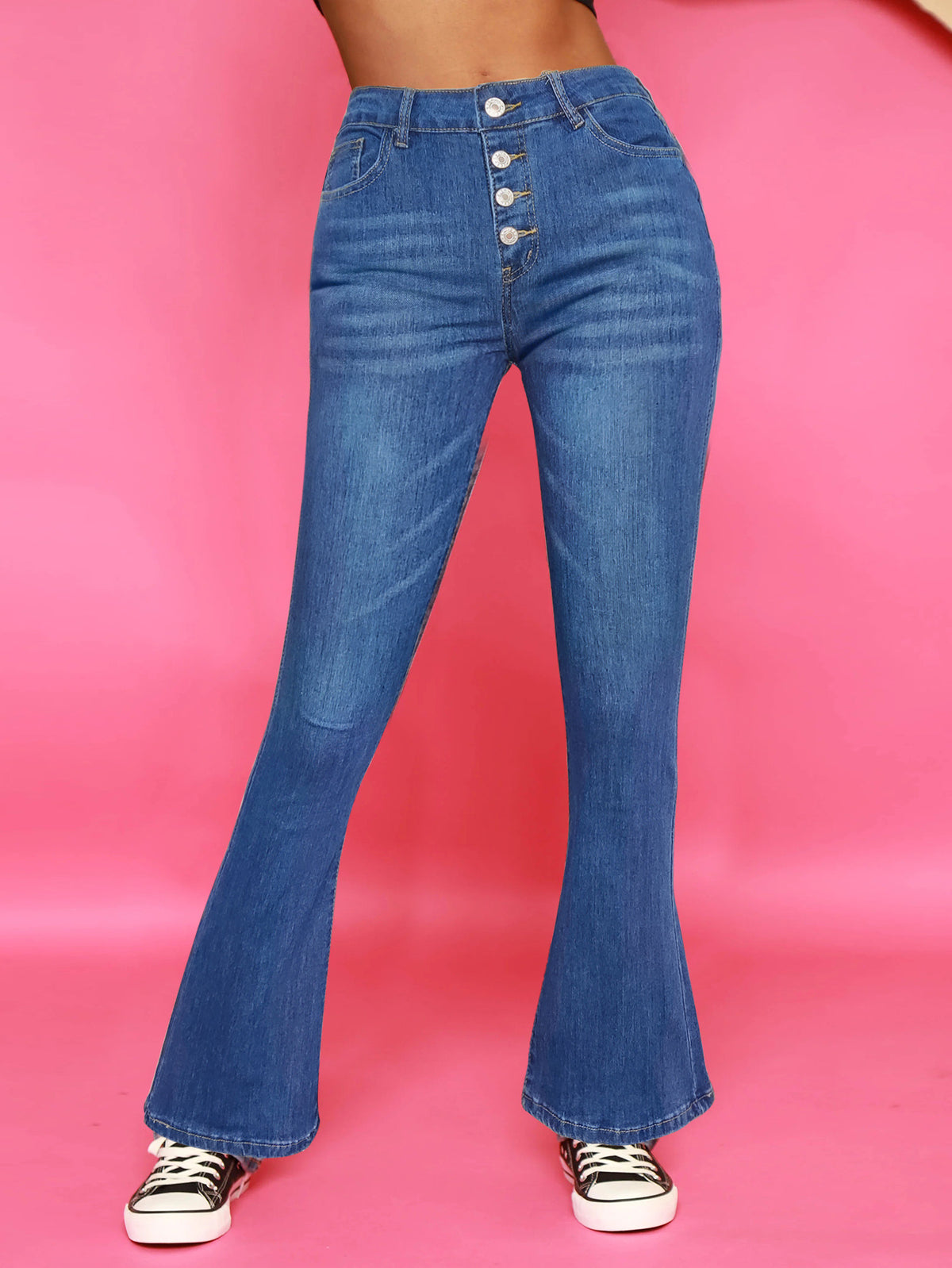 Women's High-Waisted Flared Jeans with Visible Button Placket and Sculpting Superstretch Comfort Fashion Glam