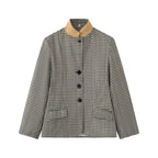 Women Checked Boxy Blazer Jacket with Contrast Stand Collar and Flap Pockets Fashion Glam