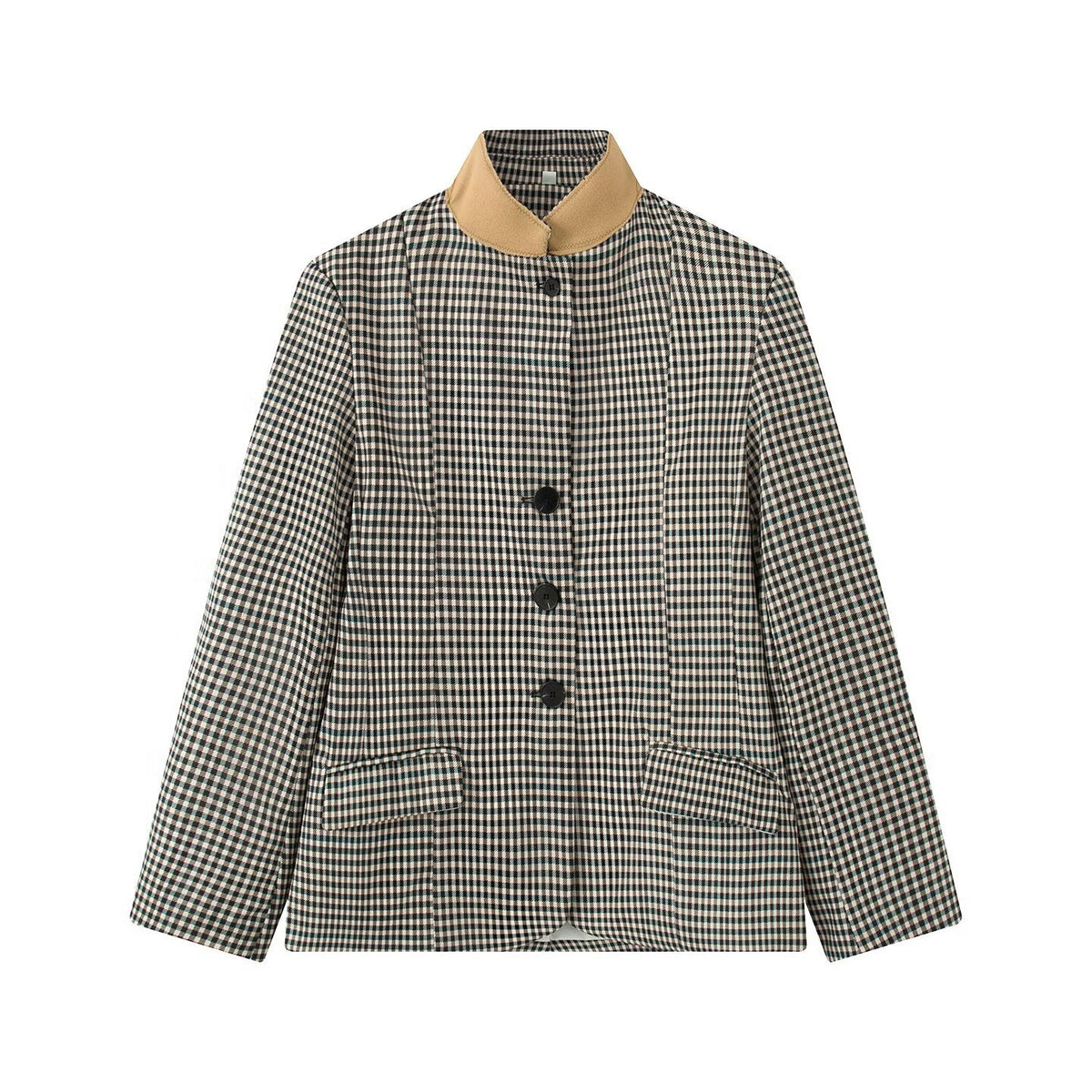 Women Checked Boxy Blazer Jacket with Contrast Stand Collar and Flap Pockets Fashion Glam