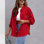 Women's oversized denim shirt jacket with fringe trim, flap pockets, and snap front Fashion Glam