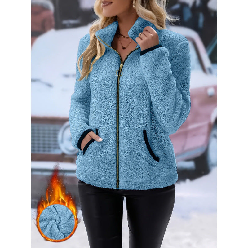 Women's thermal sherpa fleece jacket with stand-up collar, contrast edges and ring zipper Fashion Glam