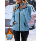 Women's thermal sherpa fleece jacket with stand-up collar, contrast edges and ring zipper Fashion Glam