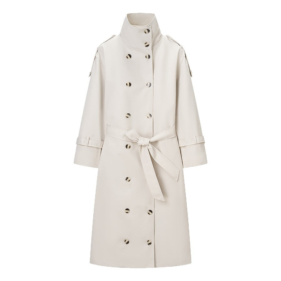 Women Longer double-breasted trench coat with high stand-up collar and waist belt Fashion Glam