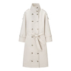 Women Longer double-breasted trench coat with high stand-up collar and waist belt Fashion Glam