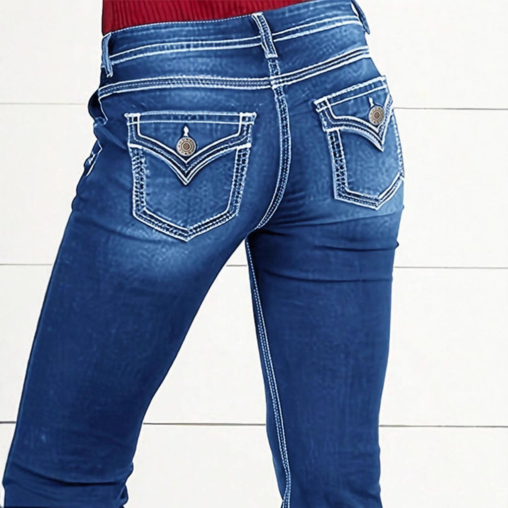Ladies' Waist-Cinched Bootcut Jeans with Decorative Button Appliqué and Contrast Stitching Fashion Glam