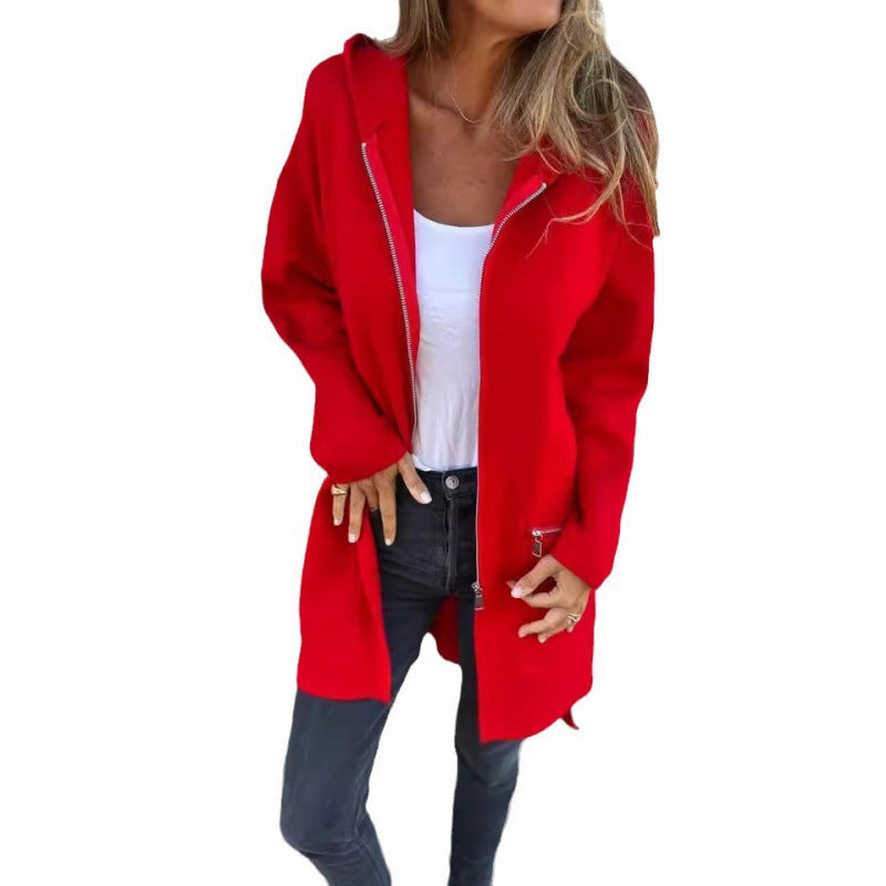 Women’s Hooded Long Cardigan with Full Zip and Decorative Pockets Fashion Glam