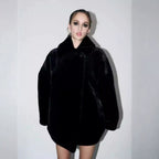 Women's boxy short coat made of silky shiny high-pile artificial fur with a large shawl collar Fashion Glam