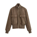 Women Short Cut Suede Look Bomber Jacket with Stand-Up Collar and Large Flap Pockets Fashion Glam