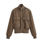 Women Short Cut Suede Look Bomber Jacket with Stand-Up Collar and Large Flap Pockets Fashion Glam