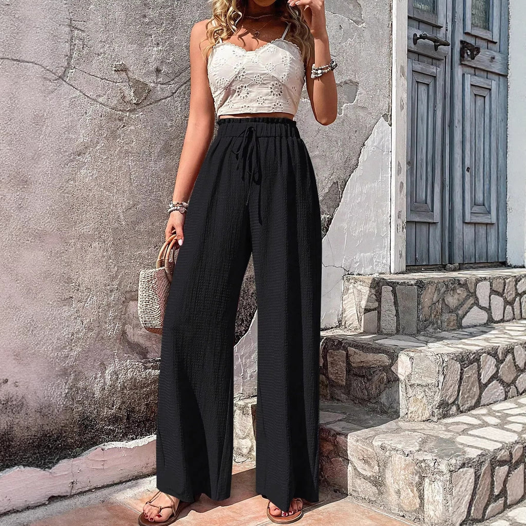 Women Lightweight Palazzo Pants with Crinkle Texture, High Smocked Waist and Drawstring Fashion Glam