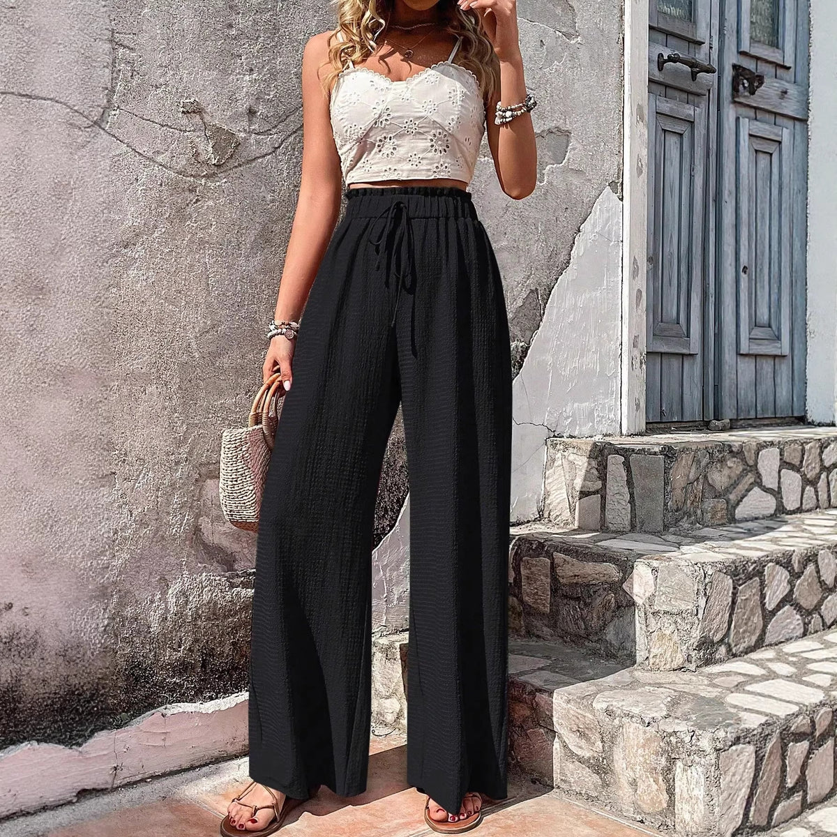 Women Lightweight Palazzo Pants with Crinkle Texture, High Smocked Waist and Drawstring Fashion Glam