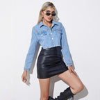 Women's short-cut denim jacket with stud embellishments and raw hem Fashion Glam