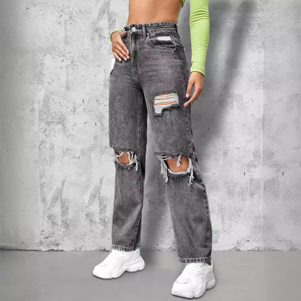 Ladies High-Waist Ripped Straight-Leg Jeans with Knee Cutouts and Used Wash Fashion Glam