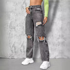 Ladies High-Waist Ripped Straight-Leg Jeans with Knee Cutouts and Used Wash Fashion Glam
