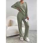 Women Cozy Ribbed Knit Loungewear Set with V-Neck and Wide Leg Fashion Glam