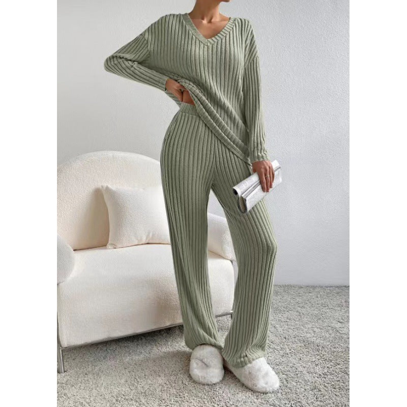 Women Cozy Ribbed Knit Loungewear Set with V-Neck and Wide Leg Fashion Glam